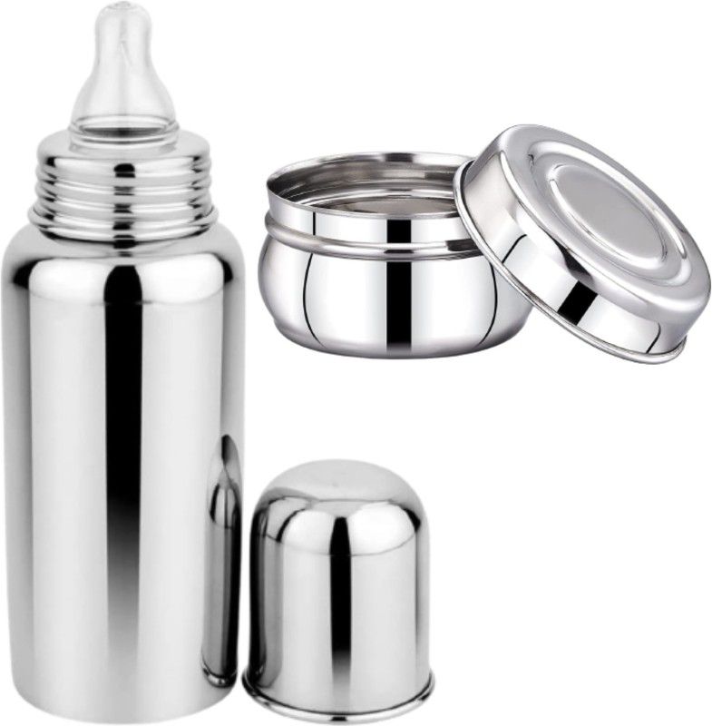 PGD Stainless Steel Baby Feeding Bottle with Food Feed Bowl Container Combo Set - 300 ml  (Silver)