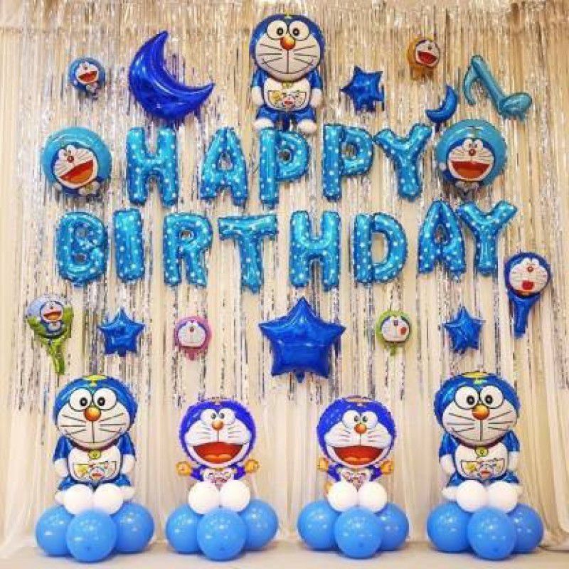 SHOPTIONS Doreamon birthday combo with star and moon-pack of 54-13 pc happy birthday foil,2 doreamon foil.1 moon.2 star,2 silver curtain,34 balloon  (Set of 54)