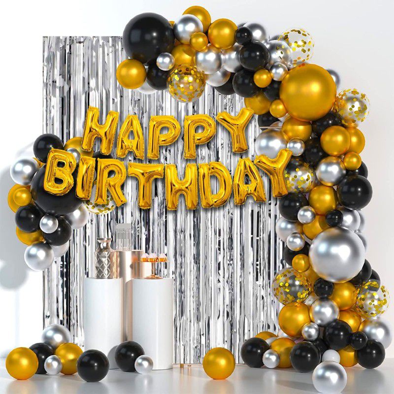 TTimmo4 Happy Birthday Decoration Kit Golden Silver and Black Birthday Decorations Theme  (Set of 57)