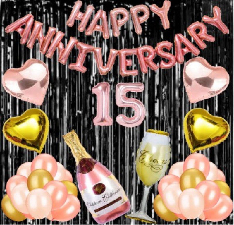 Bloomsevent 15 No Rose Gold Foil Balloons with Happy Anniversary Decoration Items Set  (Set of 56)
