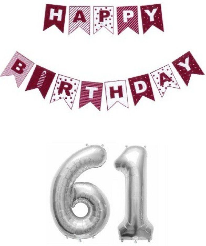 Uniqon Combo Of Red Color Printed Happy B.Day Banner With Silver'61' Digit Balloon  (Set of 2)
