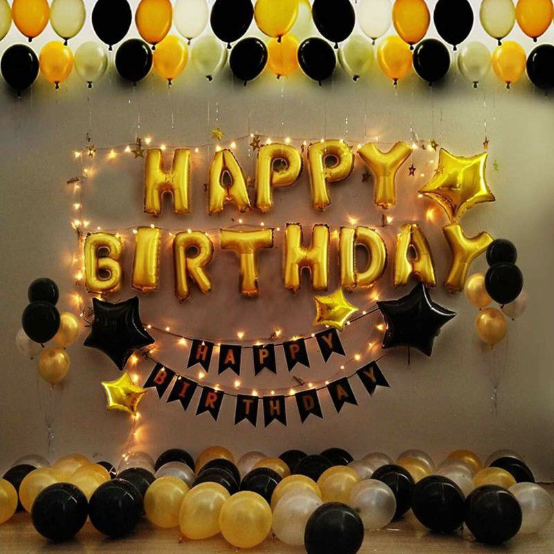 1iAM Black-Golden metallic balloons birthday decorating items with stars and banners  (Set of 42)