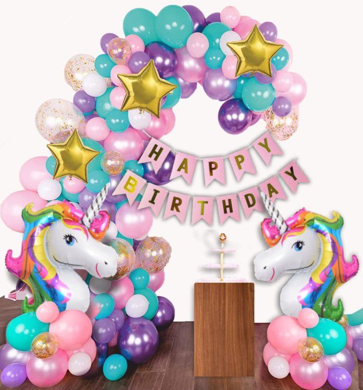 Dinipropz Unicorn Themed Birthday Decorations Items Combo Set Kit Happy Birthday Balloons  (Set of 52)
