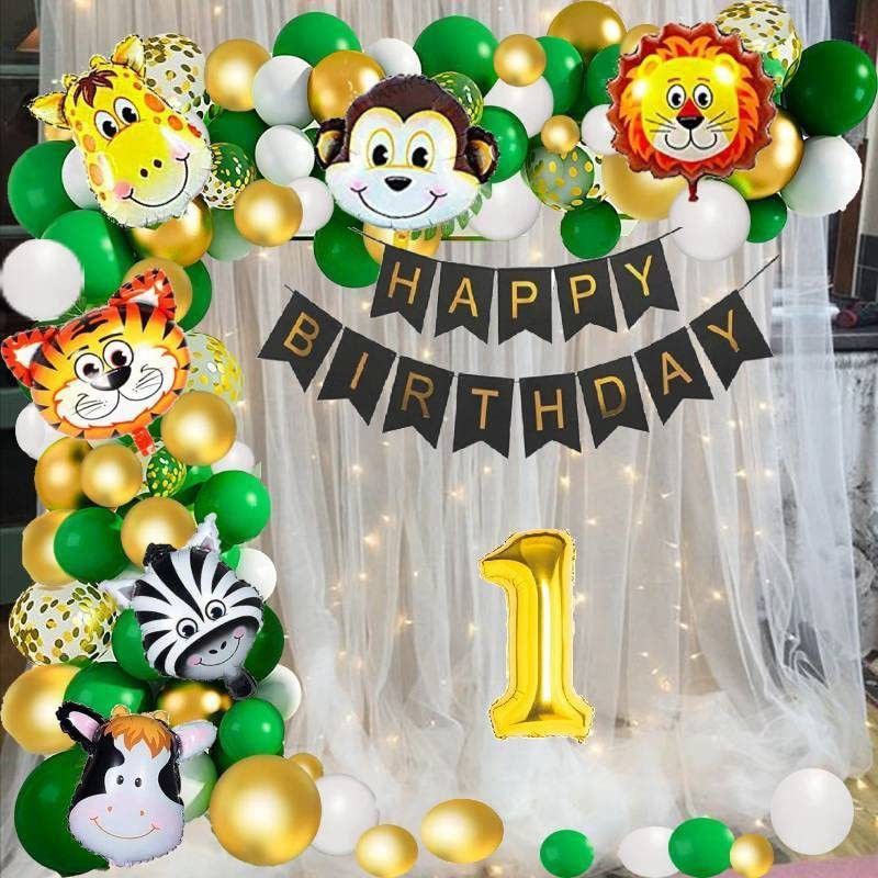 Fun and Flex JUNGLE THEME 1st Birthday Party Decoration Kit with White Net curtain Backdrop  (Set of 50)
