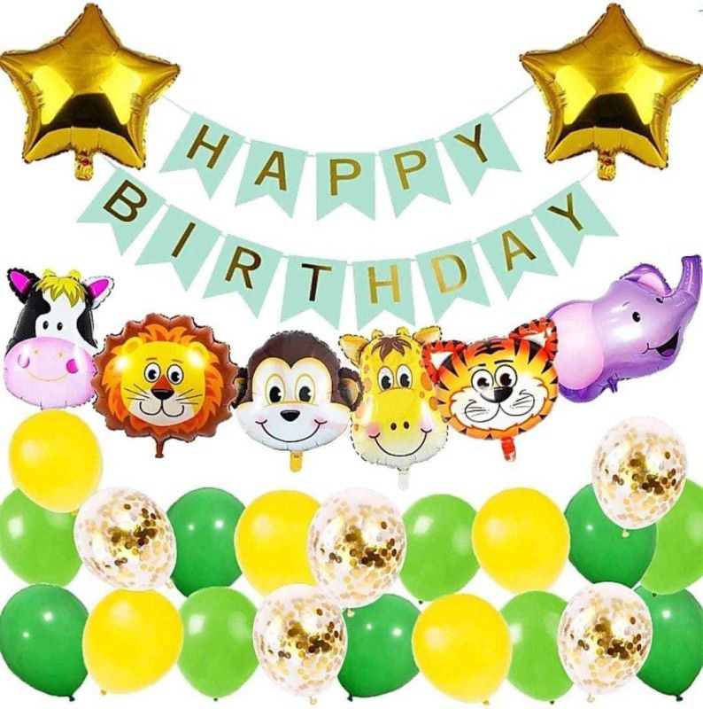 Fun and Flex Jungle Safari Green Theme Birthday Decoration Kit with Animals Face Foil Balloon  (Set of 29)