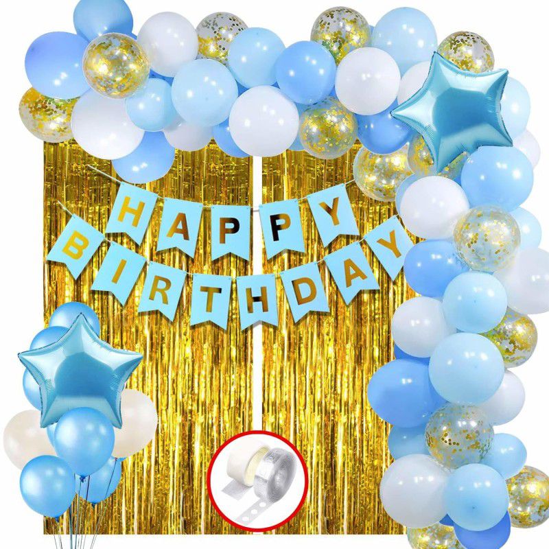 1iAM Birthday Decoration kit with Banner,Foil Curtain,Metallic Confetti Balloons  (Set of 60)