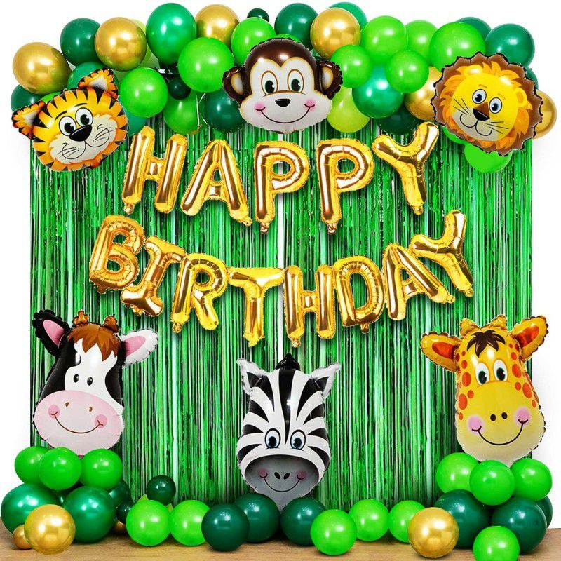 1iAM Jungle Theme Birthday Party Decoration with animal face foil balloons  (Set of 49)