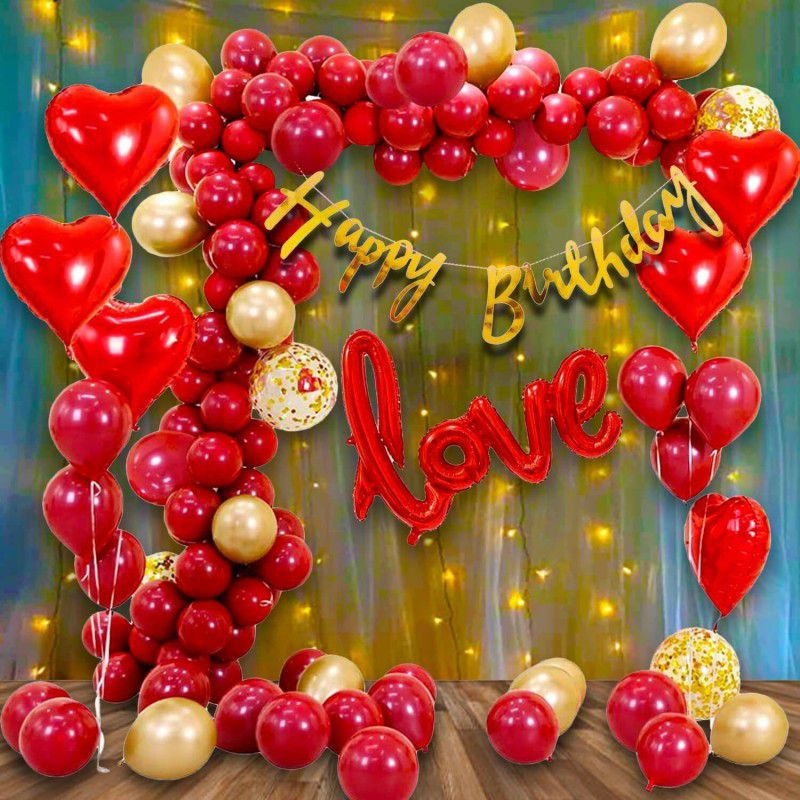 1iAM Birthday decorating item with Banner,Red, Golden Metallic balloons and Led light  (Set of 62)
