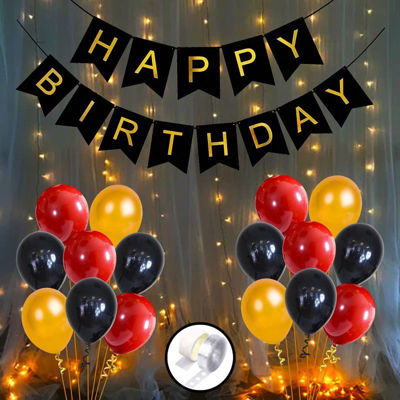 1iAM Birthday decorating item with birthday Banner, Metallic balloons and Led light  (Set of 54)