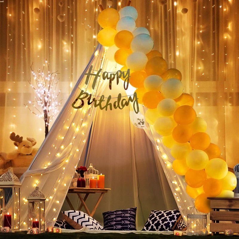 Kaliram & Sons Decoration Item For Birthday-26Pcs Combo With Net,Led And White/Golden Balloons  (Set of 26)