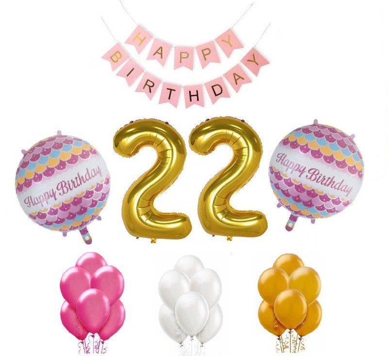 Tiank Innovation Combo for Birthday Party Decoration (Pink Happy Birthday Bunting Banner + 22 Number Gold Foil Balloon + 2 Round Foil Balloon + 50 Pcs Gold , Pink & White Metallic Balloon) (22 Number Combo)  (Set of 55)