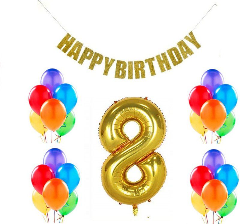 MoohH Combo For Birthday Party Decoration ( Guilter Happy Birthday Banner + 8 Number Gold Foil balloon + 50 pcs Multicolor Metallic balloon) (Pack of 52)  (Set of 52)