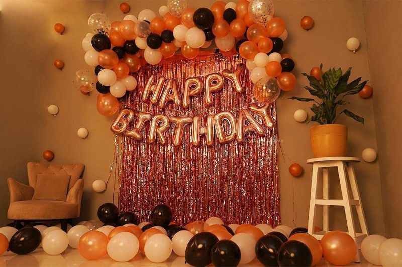 Wisdom Decor Happy B/Day Decoration kit Set Of- 45 PCs With 13 Letter Happy Birthday Foil, 2 Rose Gold Curtain 30 Black Rose Gold White Balloon Decoration  (Set of 45)