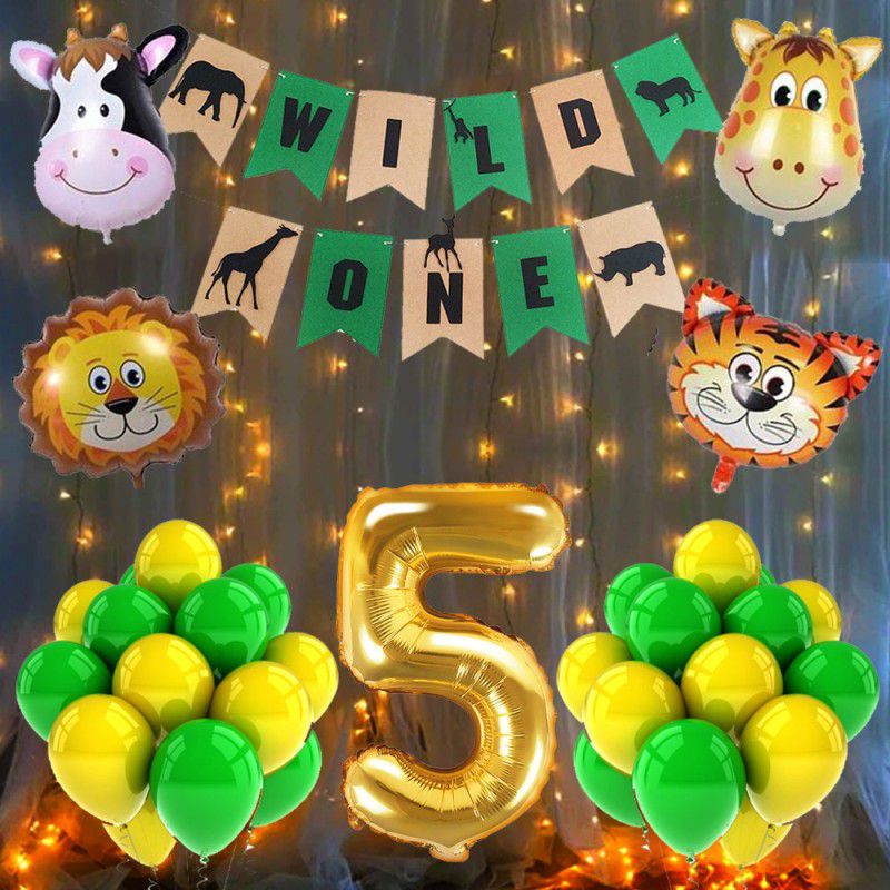 Rozi Decoration Wild Five Jungle Theme Decor Led Light, Wild One Banner, Balloons Combo Set of 37 Pcs for Baby Girl & Boy Kids 5 Year Birthday Party Decoration Items  (Set of 37)