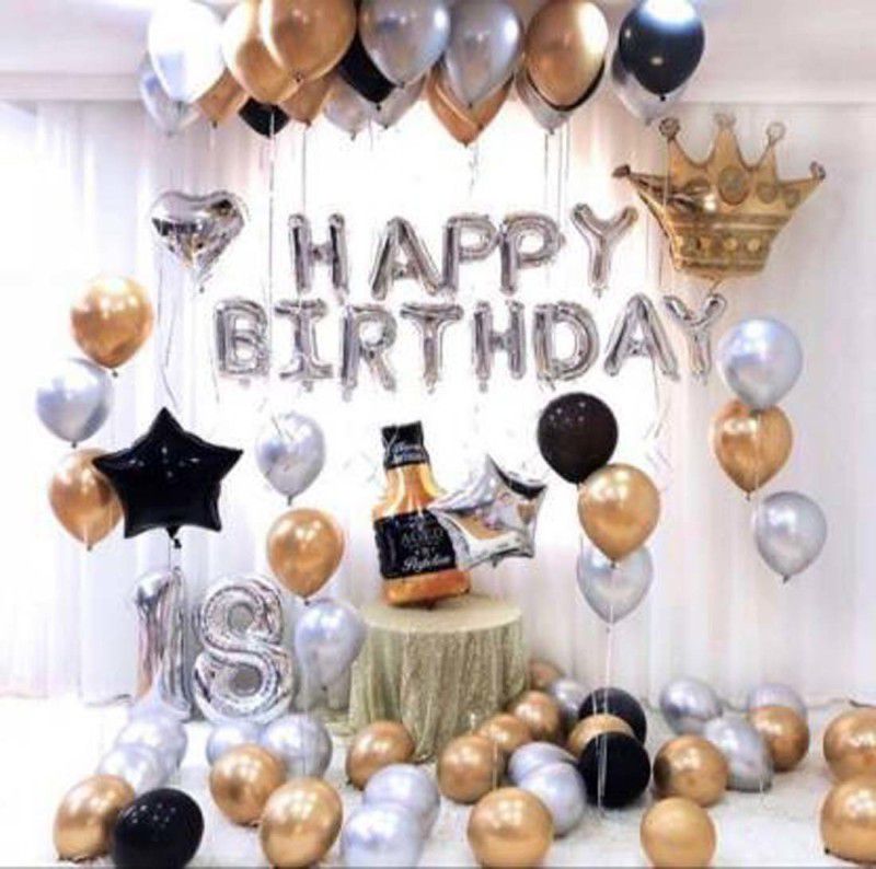 Party Hub Solid Happy Birthday Letter Silver Foil Balloon + 50 Black Gold Silver Metallic Balloons  (Set of 63)