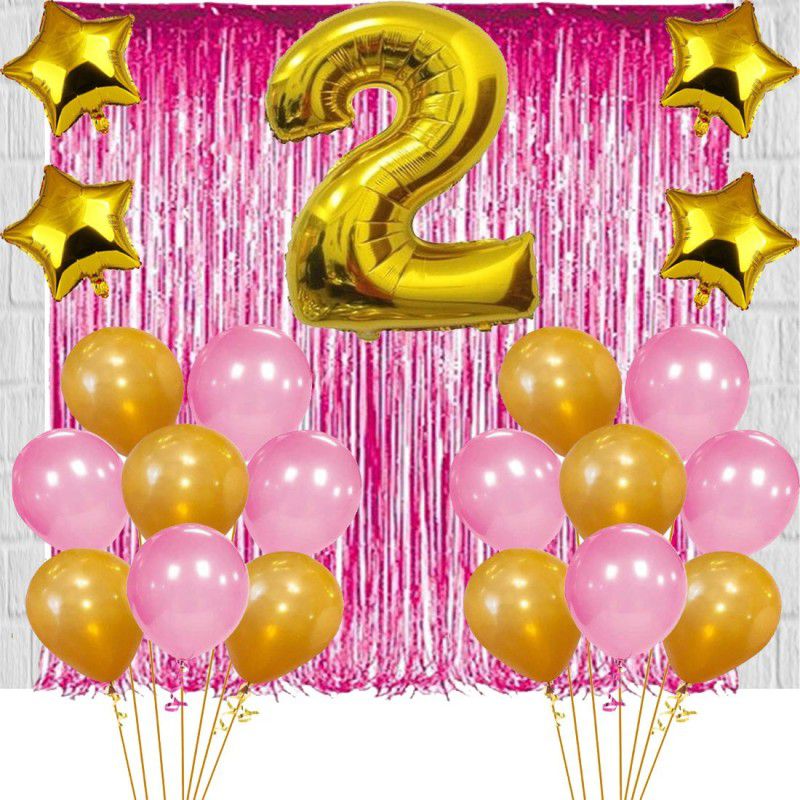 Acril 2ND Birthday Baby Girl/Boy Decoration Combo. Foil curtain Pink (2pc) Number Foil Balloon(1pc) and Gold & Pink Metallic Balloons (50pc) Gold Star(4pc) Set of 57Pcs  (Set of 57)