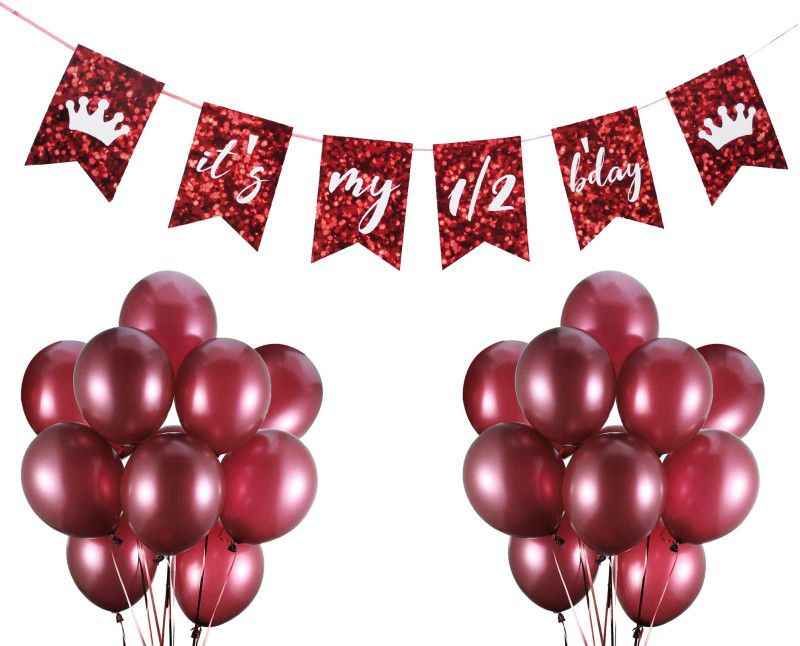 FUNCART Red and Maroon Half Birthday Decoration( 1 Banner+50 Balloons) for Half Birthday Decoration/Birthday Decoration/Crown Birthday Decoration  (Set of 51)