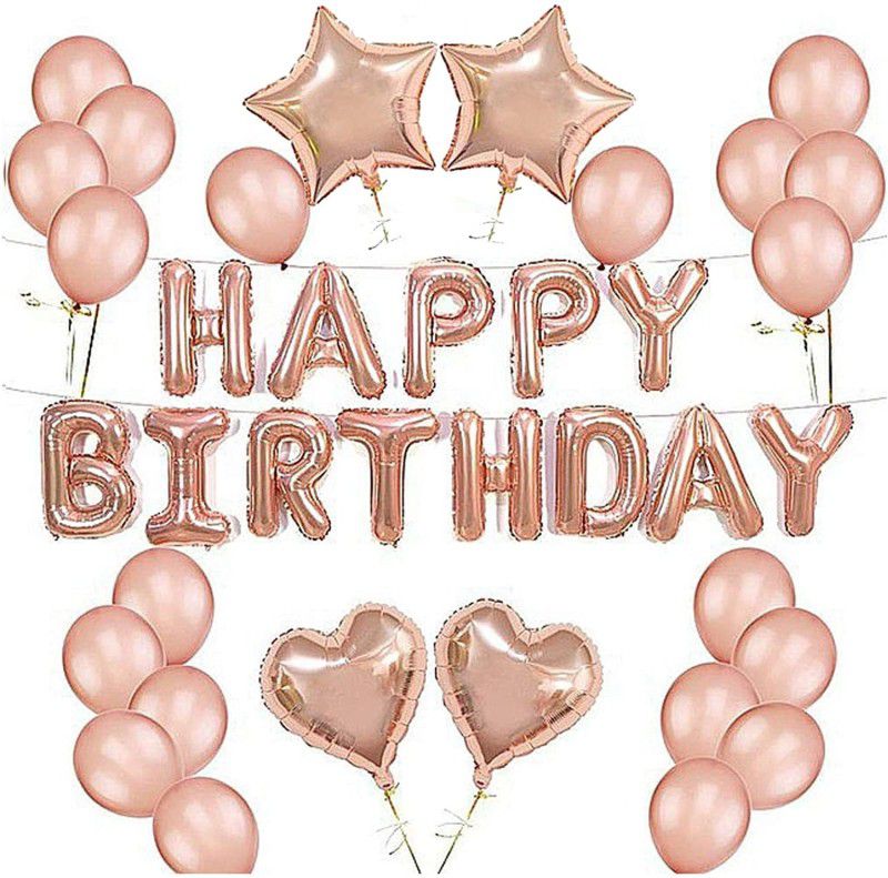 decokart Rose gold birthday combo set with heart and star-13 pc happy birthday foil balloon,2 heart foil,2 star foil balloon,30 balloon-pack of 47  (Set of 47)