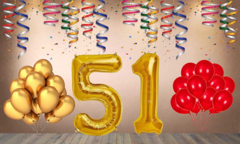 Balloonistics Gold Number 51 Foil Balloon and 25 Nos Red Gold Metallic Shiny Latex Balloon  (Set of 1)