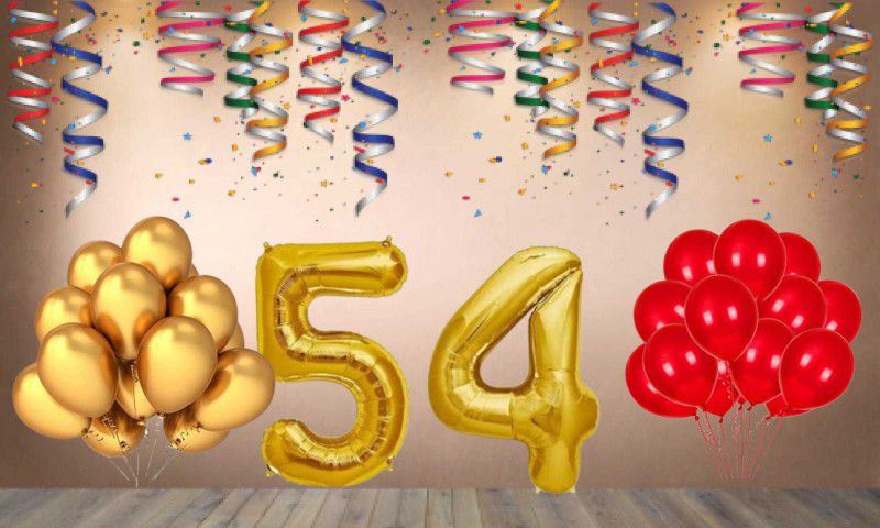 Balloonistics Gold Number 54 Foil Balloon and 25 Nos Red Gold Metallic Shiny Latex Balloon  (Set of 1)