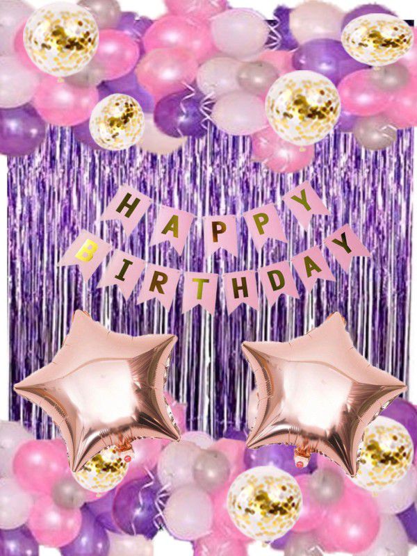 PARTY BREEZE rosegold purple pink white Happy Birthday Decoration Combo Kit with Banner,Balloons,Curtain,star 49pcs for Birthday Decoration Boys,Kids,Girl,Husband,Wife,Girl Friend,Adult.  (Set of 49)