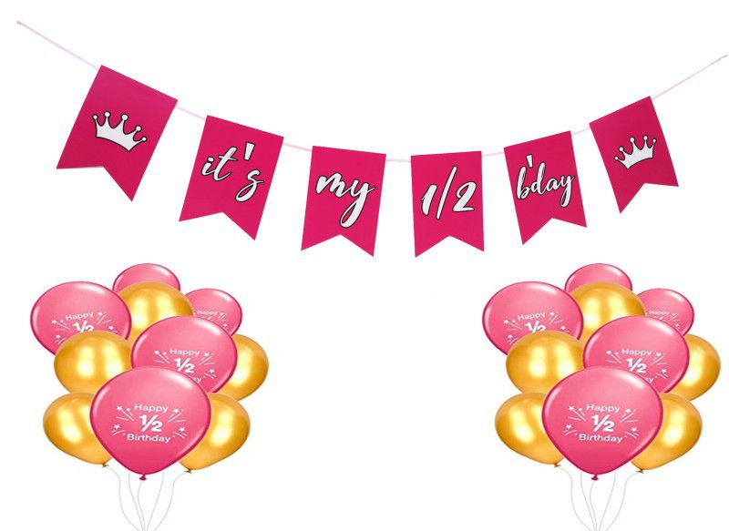 FUNCART Half Birthday Balloon & Banner for Half Birthday Decoration(Pink)  (Set of 21)