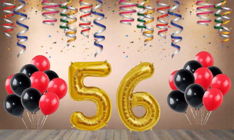 Balloonistics Gold Number 56 Foil Balloon and 25 Nos Black Red Metallic Shiny Latex Balloon  (Set of 1)