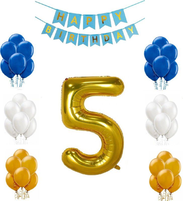 MoohH Combo For Birthday Party Decoration (Blue Happy Birthday Bunting Banner + 5 Number Gold Foil balloon + 50 pcs Blue,White & Gold Metallic balloon) (Pack of 52)  (Set of 52)
