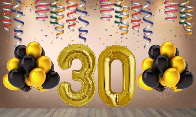 Balloonistics Gold Number 30 Foil Balloon and 25 Nos Black Gold Metallic Shiny Latex Balloon  (Set of 1)