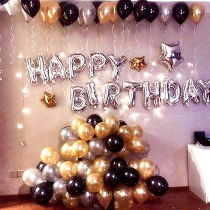 Party Hub Solid Happy Birthday Letter Foil Balloon with Set of 50 Premium Metallic Balloon (Silver, Black, Gold)  (Set of 63)