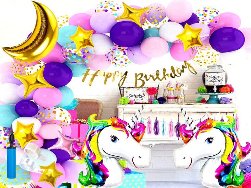 SV Traders Unicorn Theme Birthday Decoration For Girls/Boys/Kids Combo Kit Of 76 Pcs  (Set of 1)