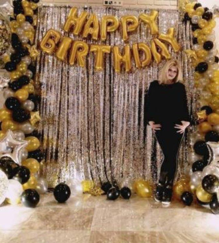 Party Hub Happy Birthday gold foil with 50 Black and Gold Premium Metallic balloons and 2 silver foil curtains (Pack of 65)  (Set of 65)