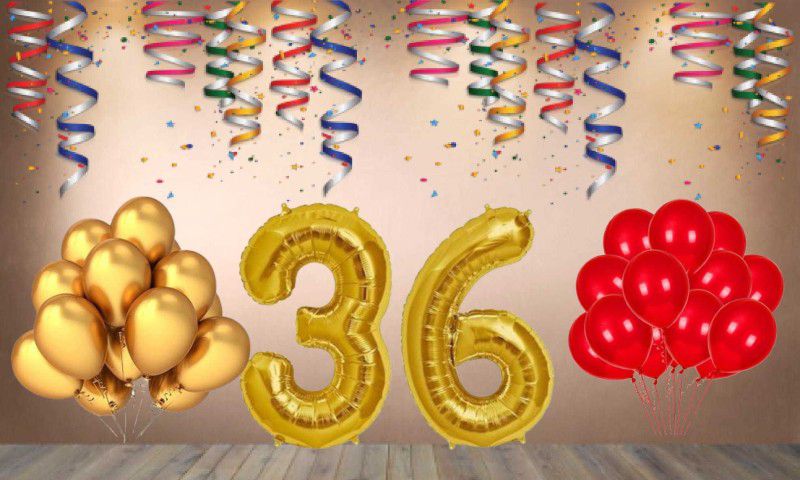Balloonistics Gold Number 36 Foil Balloon and 25 Nos Red Gold Metallic Shiny Latex Balloon  (Set of 1)