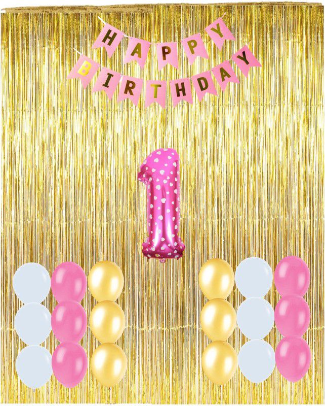 Bash N Splash Pink, White & Gold Happy Birthday Party Decoration Pack  (Set of 50)