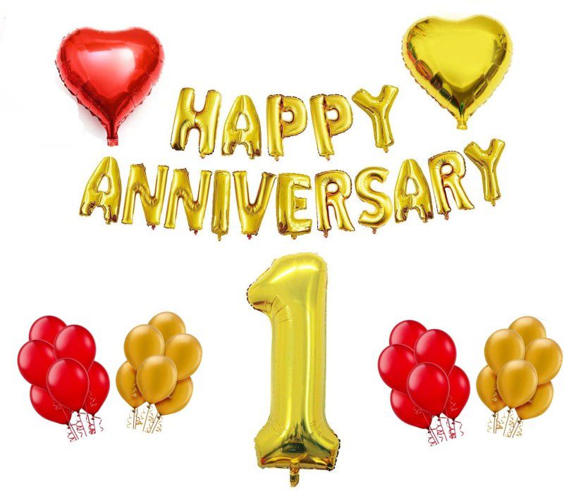 MoohH Happy Anniversary Letter Gold Foil Balloon, Heart Foil Balloon 1 St Anniversary Decoration  (Set of 69)