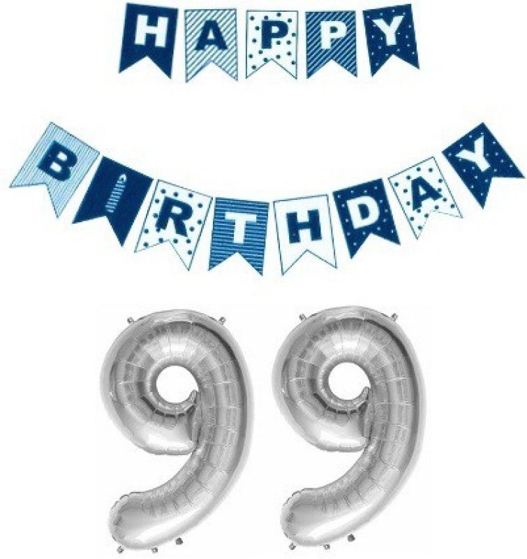 Uniqon Combo Of Blue Color Printed Happy B.Day Banner With Silver'99' Digit Balloon  (Set of 2)