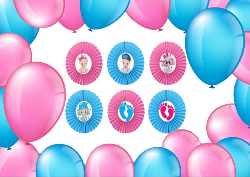 FUNCART Baby Shower Paper Fan & Balloons Decoration(6 Pcs Paper Fan and 50 Balloons) for Baby Shower Decoration/Baby Boy/Baby Girl  (Set of 56)