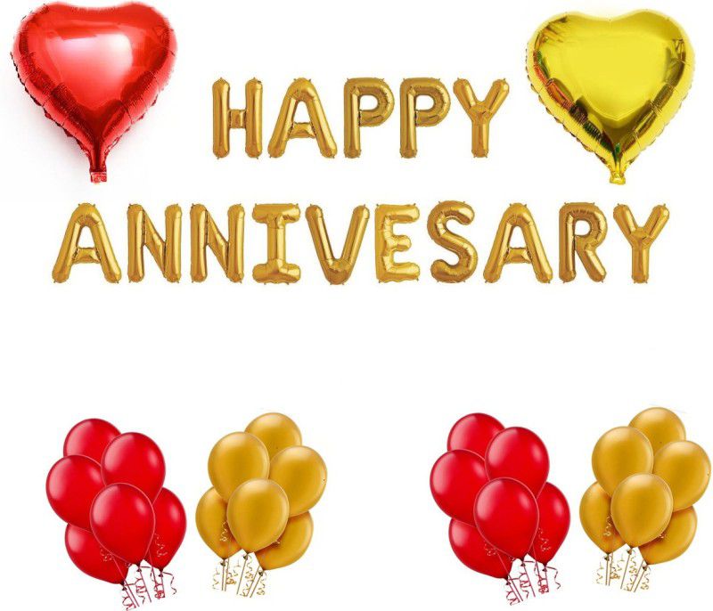 MoohH Happy Anniversary Letter Gold Foil Balloon Red and Gold balloon combo  (Set of 57)