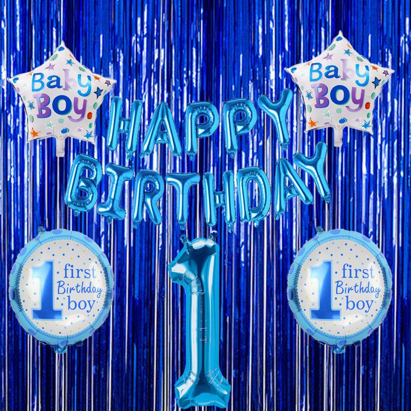 FUNCART 1st Birthday Boy Decoration(2 Foil Curtain + Happy Birthday Foil Balloon+1st Birthday Foil Balloon Kit) for Kids Party Decoration/1st Birthday/Baby Shower/Baby Arrival/Birthday Decoration  (Set of 4)