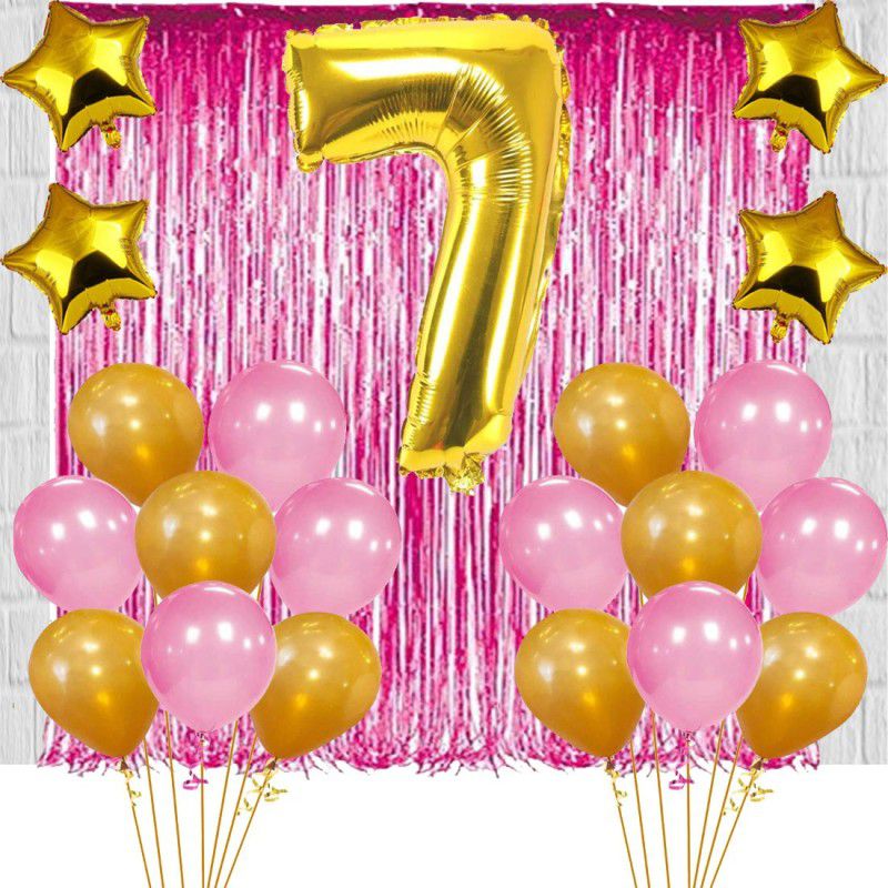 Acril 7TH Birthday Baby Girl/Boy Decoration Combo. Foil curtain Pink (2pc) Number Foil Balloon(1pc) and Gold & Pink Metallic Balloons (10pc) Gold Star(4pc) Set of 17Pcs  (Set of 17)