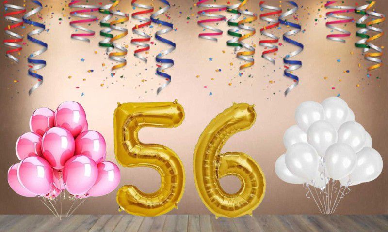 Balloonistics Gold Number 56 Foil Balloon and 25 Nos Pink White Metallic Shiny Latex Balloon  (Set of 1)