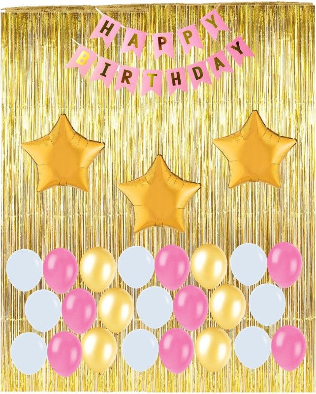 Bash N Splash Pink, White & Gold Happy Birthday Party Decoration Pack  (Set of 51)