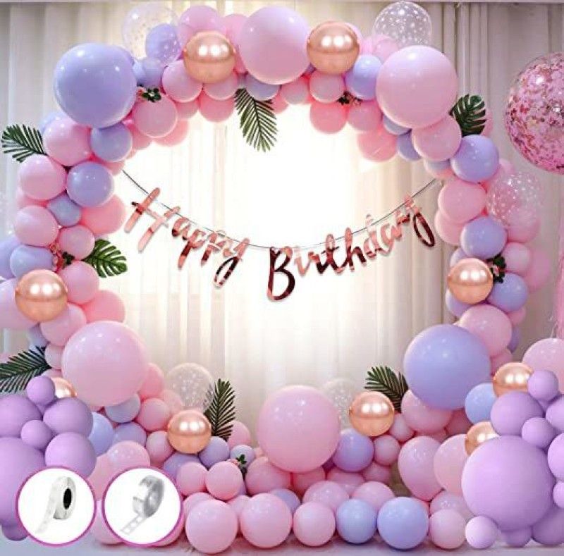 Bubble Trouble Pink Birthday Decoration Items Combo Set for Girls Kids- Happy Birthda  (Set of 60)