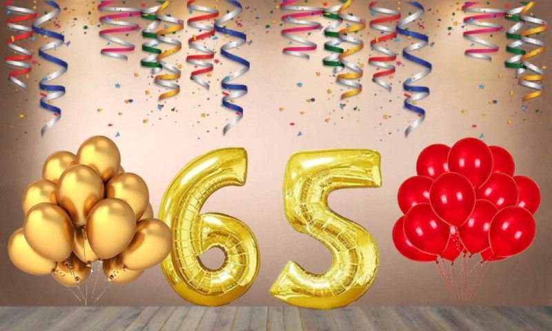 Balloonistics Gold Number 65 Foil Balloon and 25 Nos Red Gold Metallic Shiny Latex Balloon  (Set of 1)