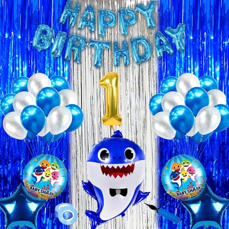Happy Decoration Baby Shark first/1st year Birthday decoration combo kit for boys and girls  (Set of 62)