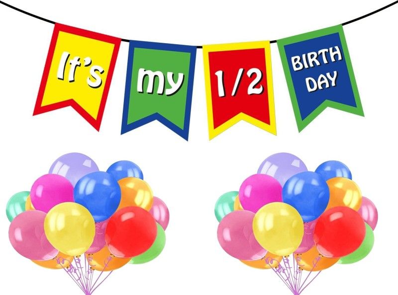FUNCART Balloon and Banner for Half Birthday Decoration (Multicolor) for Half Birthday Decoration/Half Birthday Decoration/6 Month/Half Way to One  (Set of 51)