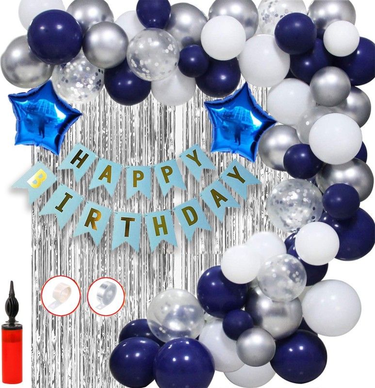 Hemito Happy Birthday Decoration Kit Combo 61Pcs for Blue Silver and White Balloons - HBD Letter Star Foil Balloons with balloon hand pump for Kids boy Girl Adults 40th 50th 60th Theme Décor/Happy Birthday Decoration Items Set  (Set of 61)