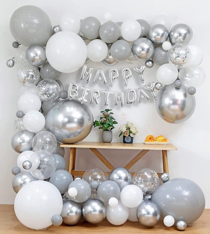 Hemito Silver Brdy White Balloons with Arch Dot Roll&Pump|Birthday Decorations Items  (Set of 62)