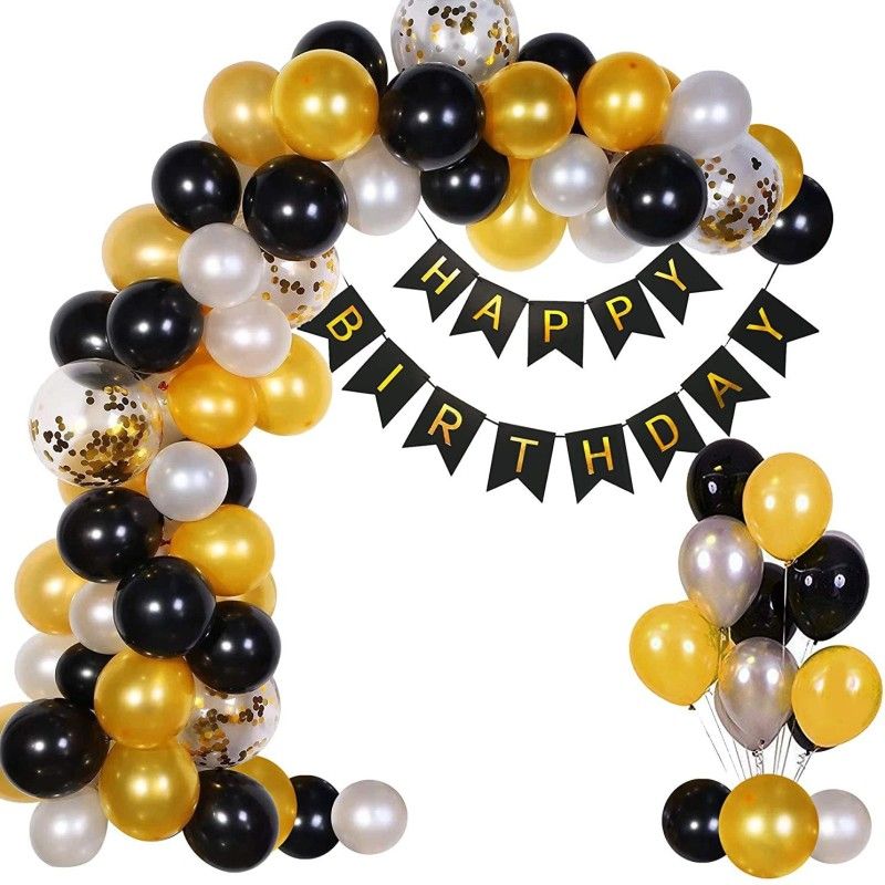 decokart Black Happy Birthday Decoration Items 41pcs Set Combo Banner Balloon Metallic Confetti  (Set of 60)