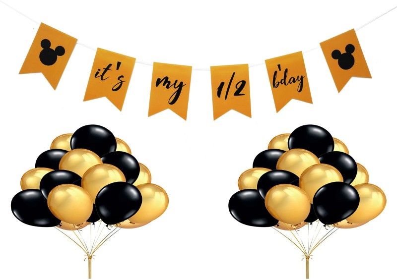 FUNCART Yellow and Black Half Birthday Decoration( 1 Banner+50 Balloons) for Half Birthday Decoration/Birthday Decoration/Mickey Birthday Decoration  (Set of 51)